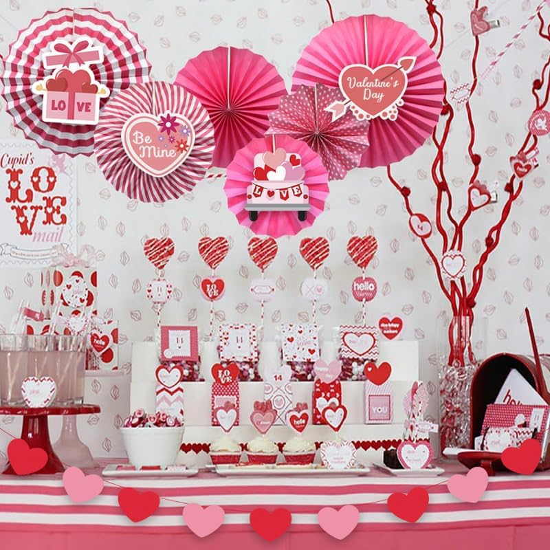 Valentine's Day Party Decoration Set, Heart Balloons, Tassels, Garlands, and Hanging Paper Fans for Anniversaries, Proposals, and Celebrations (Pink Fan Valentine's Day)