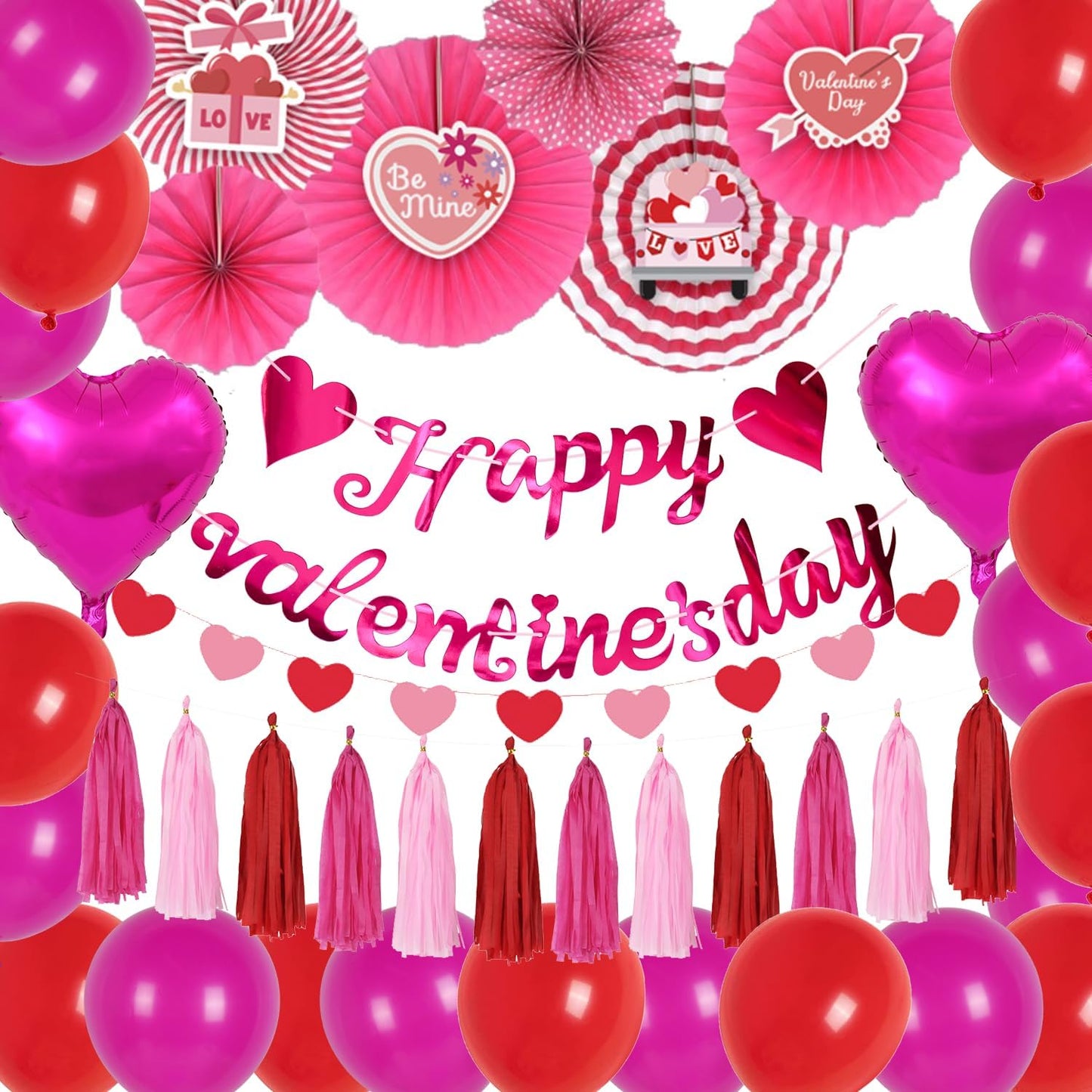 Valentine's Day Party Decoration Set, Heart Balloons, Tassels, Garlands, and Hanging Paper Fans for Anniversaries, Proposals, and Celebrations (Pink Fan Valentine's Day)