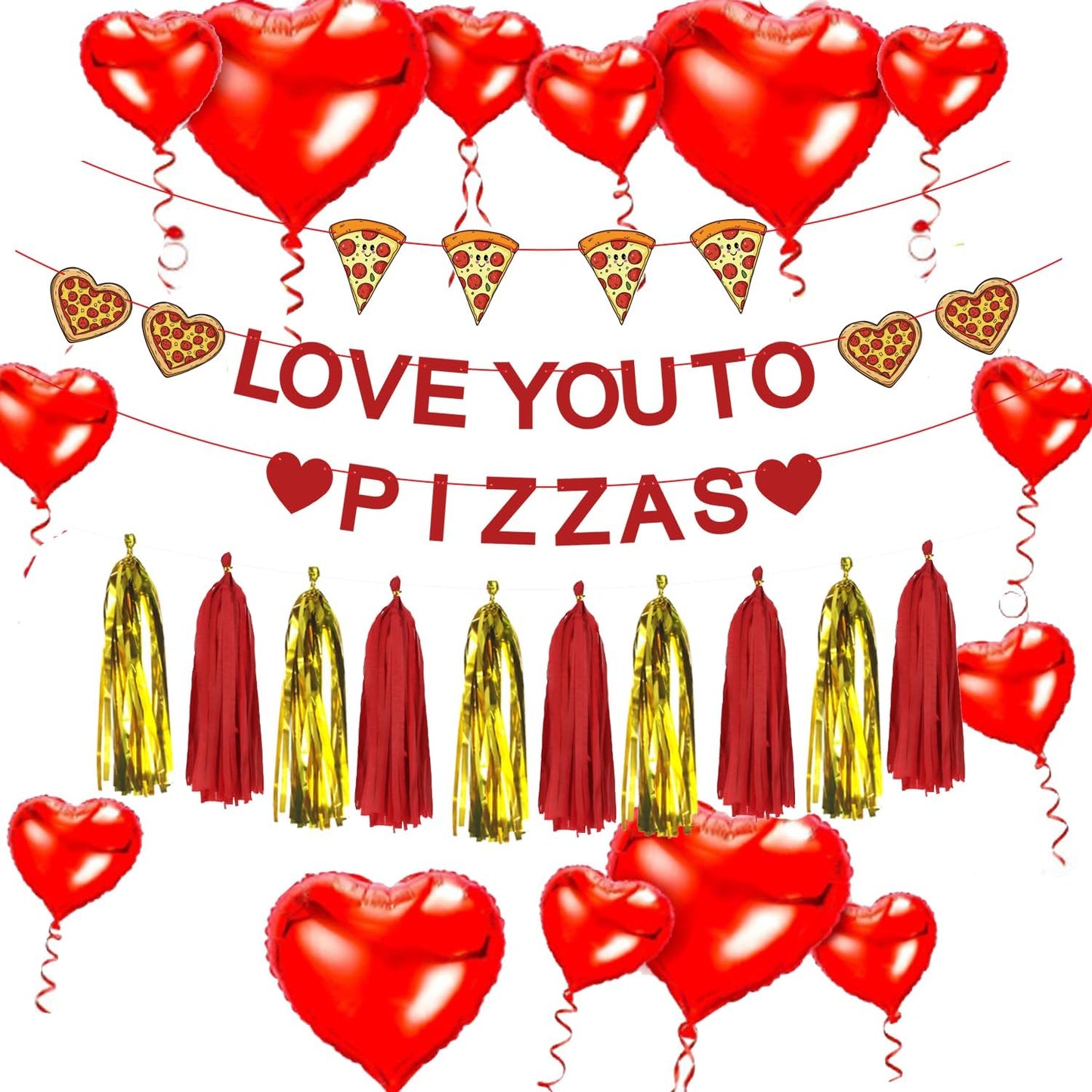 Valentine's Day Party Decoration Set, Heart Balloons, Tassels, Garlands, and Hanging Paper Fans for Anniversaries, Proposals, and Celebrations (Love You to Pizzas)