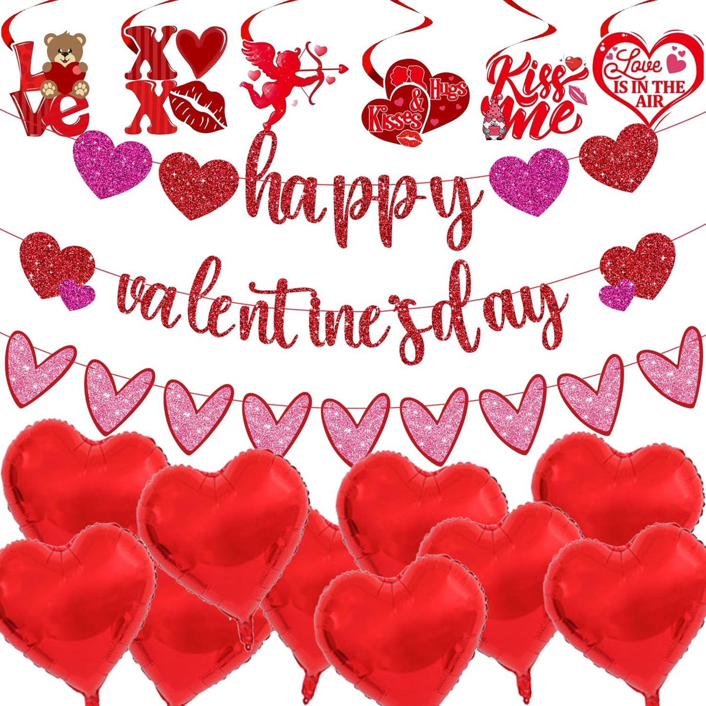 Valentine's Day Party Decoration Set, Heart Balloons, Tassels, Garlands, and Hanging Paper Fans for Anniversaries, Proposals, and Celebrations (Hanging Valentine's Day)