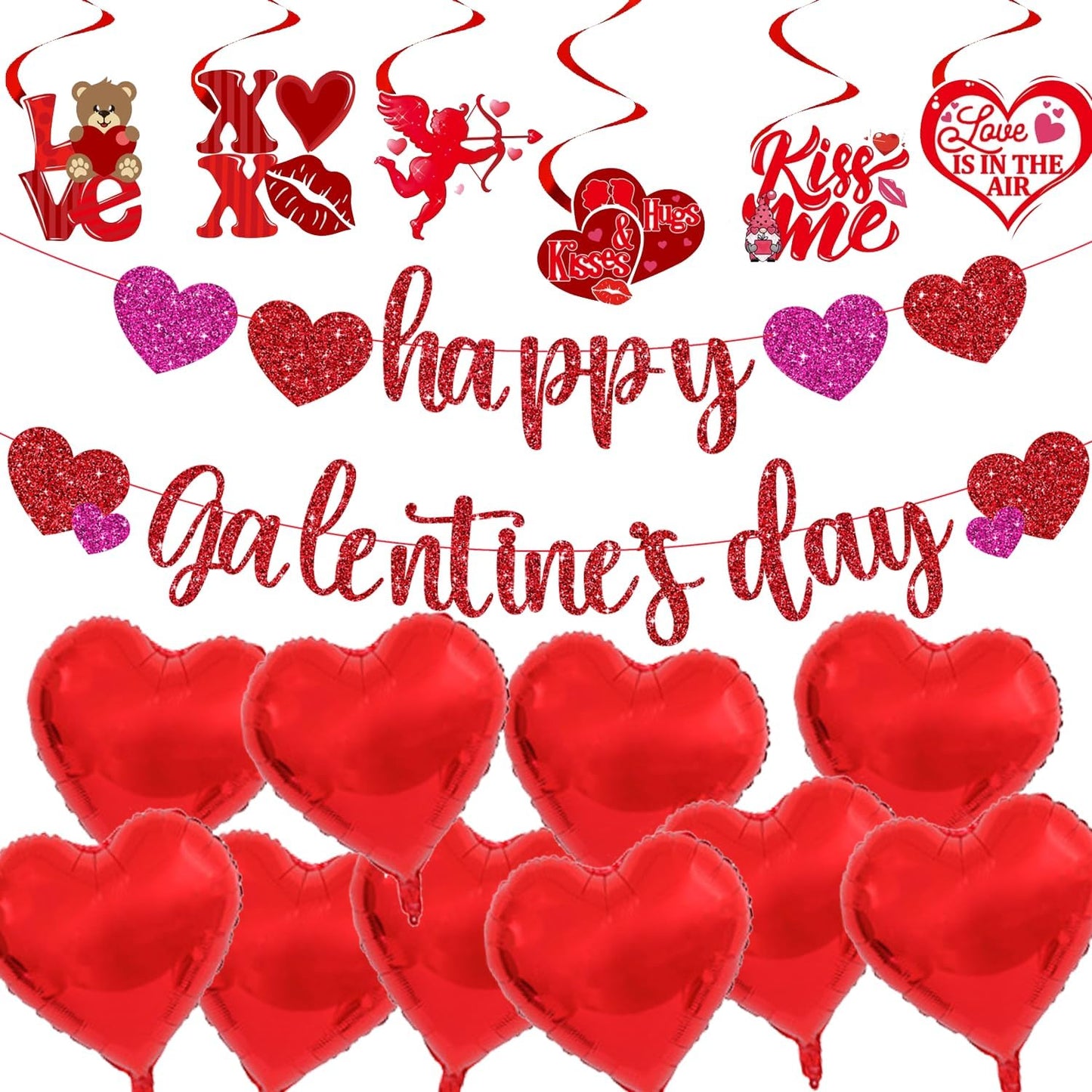 Valentine's Day Party Decoration Set, Heart Balloons, Tassels, Garlands, and Hanging Paper Fans for Anniversaries, Proposals, and Celebrations (Hanging Galentine's Day)