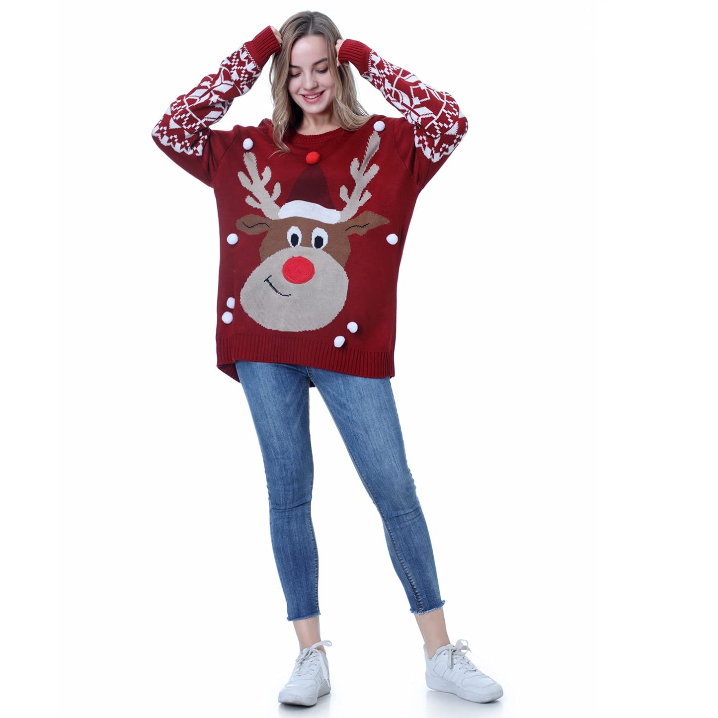Ugly Christmas Sweater for Unisex Adults Kids, Funny Reindeer Snowflakes Red Knitted Xmas Pullover (Medium, Reindeer with White Balls)