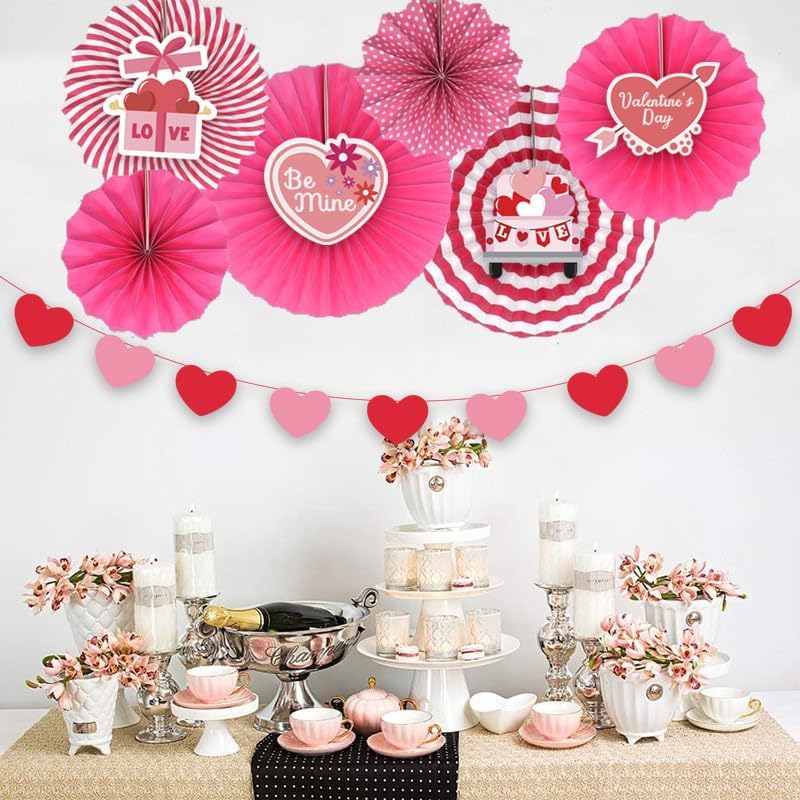 Valentine's Day Party Decoration Set, Heart Balloons, Tassels, Garlands, and Hanging Paper Fans for Anniversaries, Proposals, and Celebrations (Pink Fan Valentine's Day)