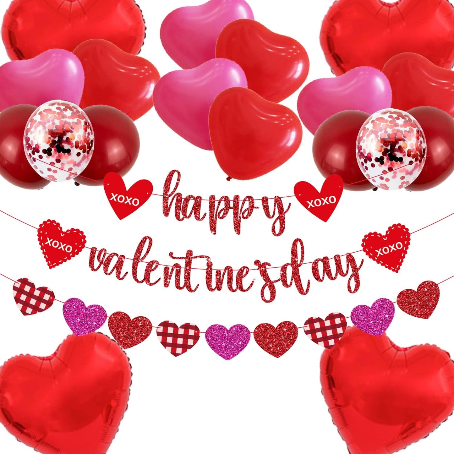Valentine's Day Party Decoration Set, Heart Balloons, Tassels, Garlands, and Hanging Paper Fans for Anniversaries, Proposals, and Celebrations (Plaid Heart Valentine's Day)