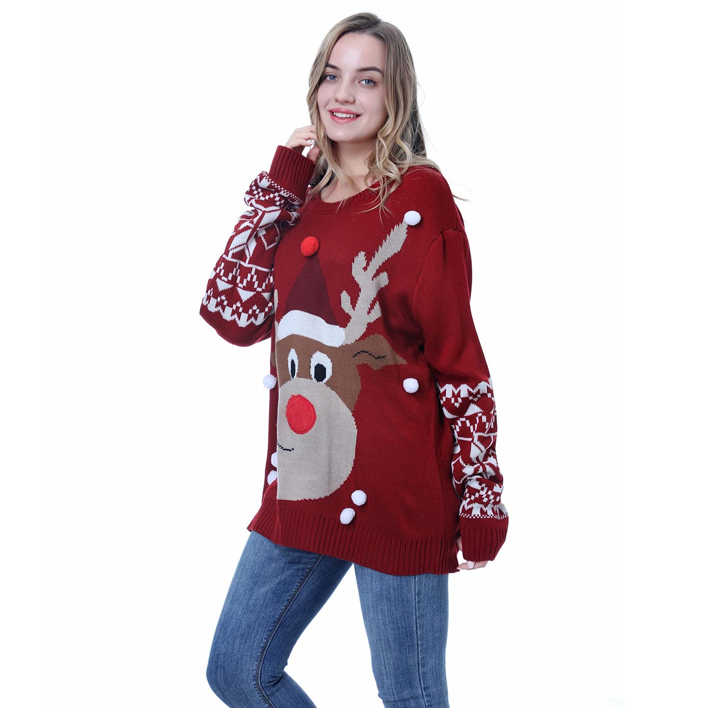 Ugly Christmas Sweater for Unisex Adults Kids, Funny Reindeer Snowflakes Red Knitted Xmas Pullover (Medium, Reindeer with White Balls)
