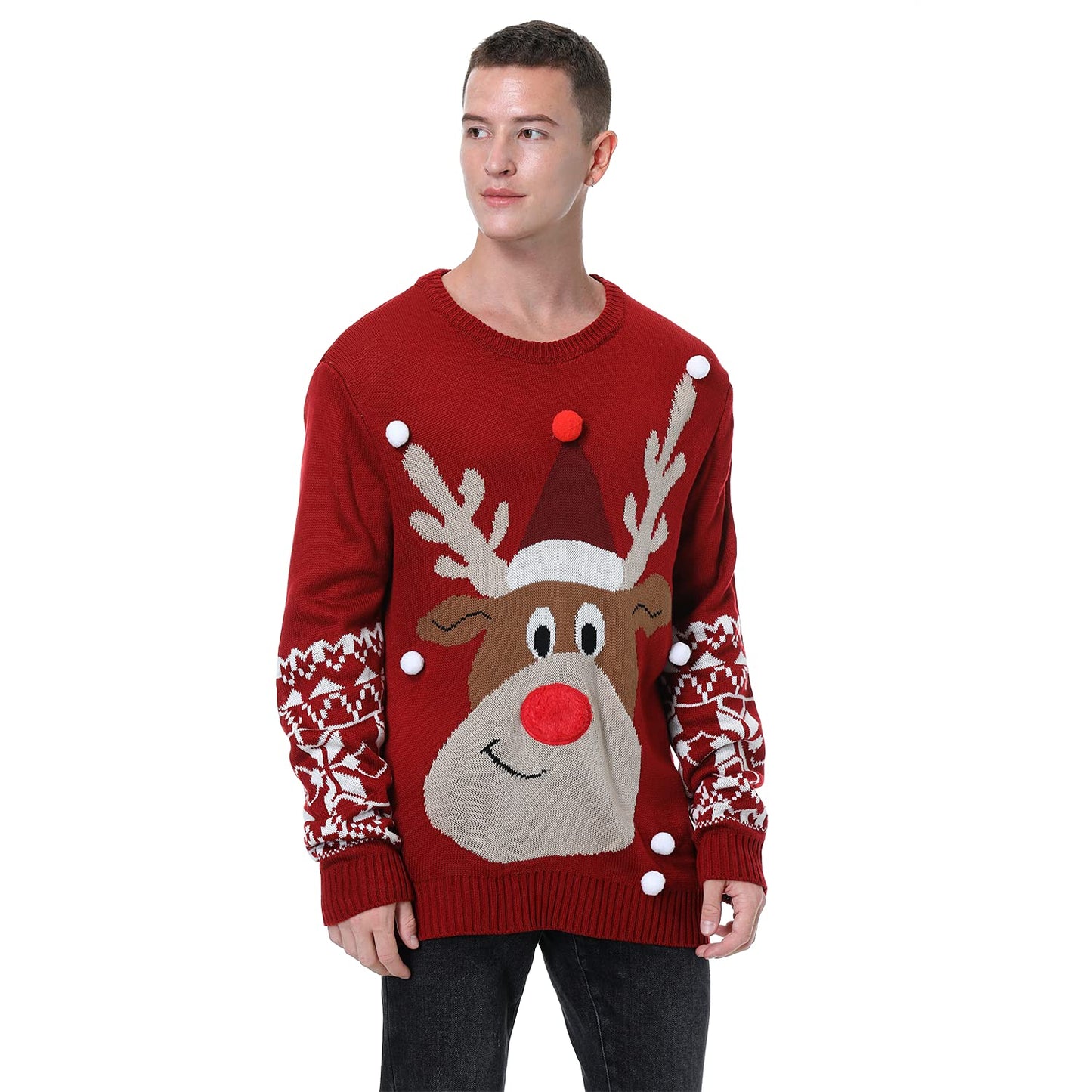 Ugly Christmas Sweater for Unisex Adults Kids, Funny Reindeer Snowflakes Red Knitted Xmas Pullover (Medium, Reindeer with White Balls)