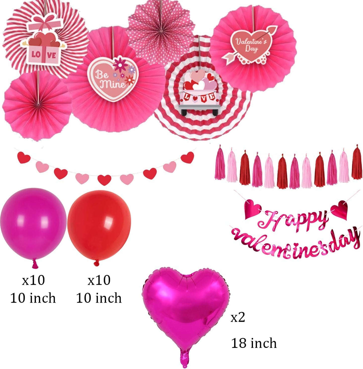 Valentine's Day Party Decoration Set, Heart Balloons, Tassels, Garlands, and Hanging Paper Fans for Anniversaries, Proposals, and Celebrations (Pink Fan Valentine's Day)