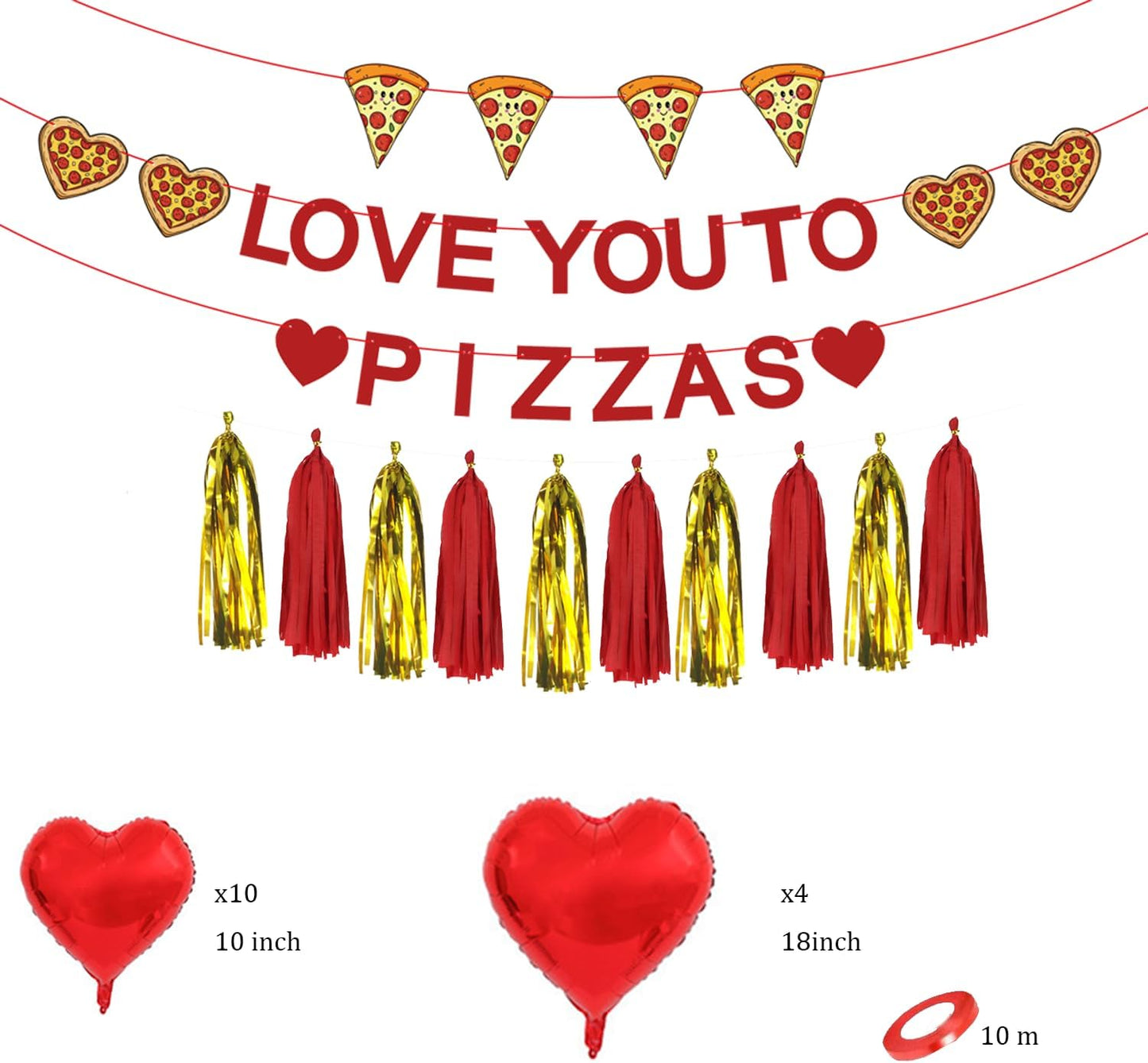 Valentine's Day Party Decoration Set, Heart Balloons, Tassels, Garlands, and Hanging Paper Fans for Anniversaries, Proposals, and Celebrations (Love You to Pizzas)