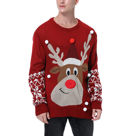 Ugly Christmas Sweater for Unisex Adults Kids, Funny Reindeer Snowflakes Red Knitted Xmas Pullover (Large, Reindeer with White Balls)